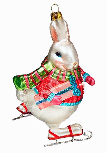 Стеклянная ёлочная игрушка Кролик на коньках с подарком , ..., Томская область